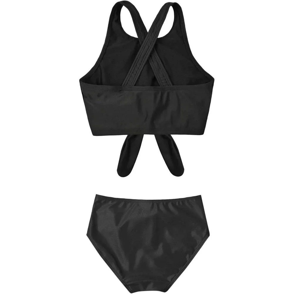 Girls Black Swimsuit‎ Set, Crisscross Back Tankini, Knotted High Waisted 6-7Y